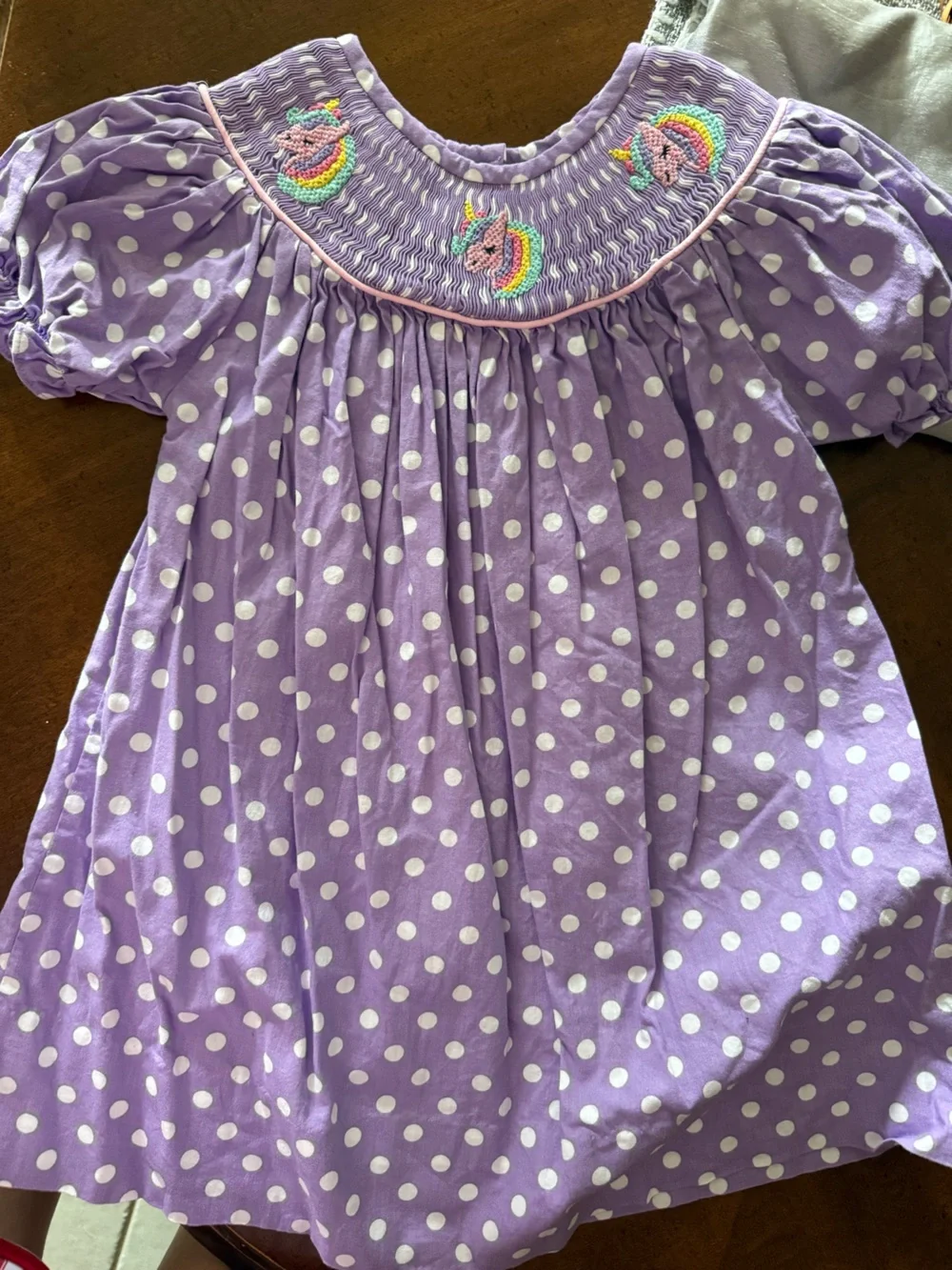 Polka dot girls unicorn smocked dress